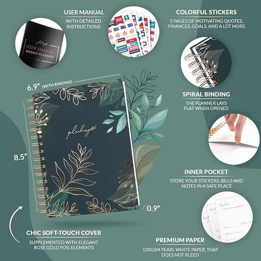 PLANBERRY Weekly Planner Premium – Undated Life Organizer & Budget Planner – Time Management, Goal Setting, To-Do List, Work-Life Balance & Habit Tracker – 6.9″ x 8.5″ (Green Pastures)