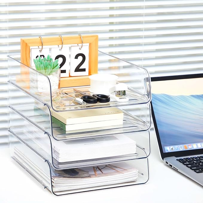 Juexica 4 Pcs Stackable Clear Letter Trays Organizer for Desk A4 Size File Paper Organizer Acrylic Desk Organizer Trays with Anti Skid Bottom for Home Office School (Vertical Opening Style)