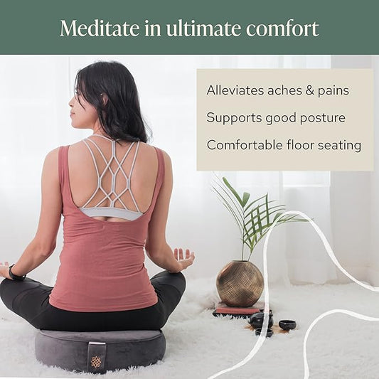 Mindful Modern Velvet Meditation Cushion | Luxe Zafu Yoga Floor Pillow Seat | Posture Support | Buckwheat Hull Filled | Large Round Cushion with Removable Washable Cover + Carry Handle