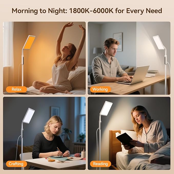 Light Therapy Lamp, 12,000 Lux Full Spectrum Sunlight Lamp, UV-Free Sun Lamp, Remote Control/4 Color Temp/5 Brightness/4 Timer & 3 Height Adjustable Floor Lamp for Home, Office & Living Room