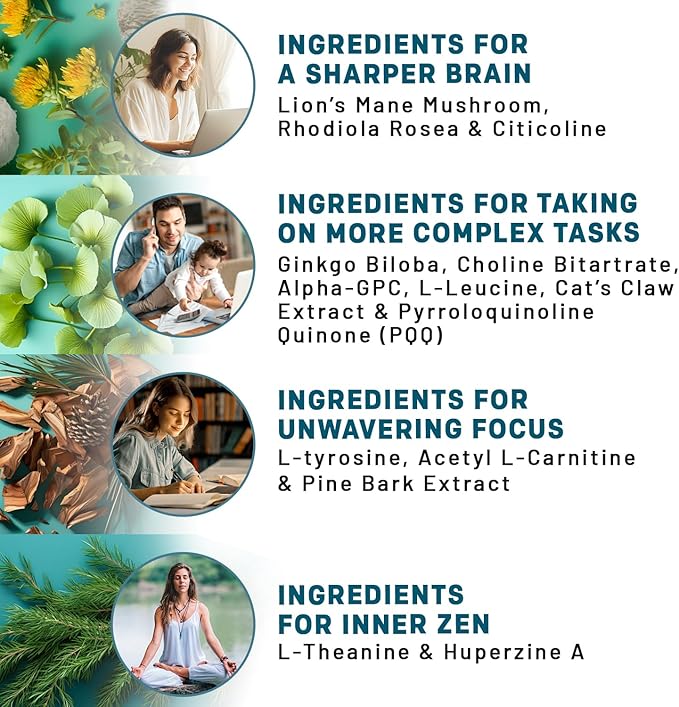 14-in-1 Lions Mane Supplement Capsules - Nootropic Brain Supplement with Ginkgo Biloba for Brain Support, Memory and Focus - Alpha GPC, L Theanine & Choline Supplements with 1300mg Per Serving (60 ct)