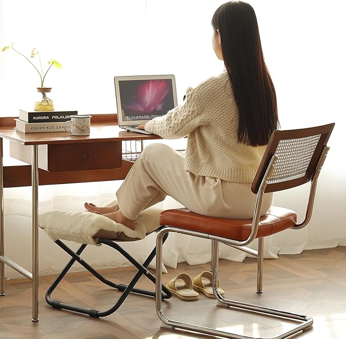 LITA Folding Footrest Stool, Portable Ottoman Foot Rest, Upholstered Small Foldable Ottoman Stool with Detachable Thick Cotton Cushion Padded Sofa Stool for Living Room, Bedroom, Plush Beige