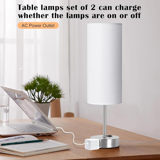 ZJOJO Table Lamp for Bedroom 2 Pack,18in Bedside Lamps with 3 Way Dimmable Rocker Switch & AC Outlet,Nightstand Desk Lamp with White Fabric Shade Nickel Basee for Living Room Home Decor Lights