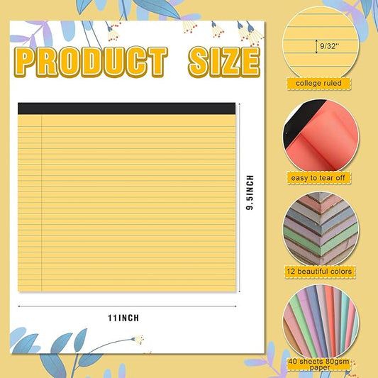Lincia 12 Pcs 11" x 9.5" Legal Pads College Ruled Notepad Landscape Notebook Horizontal Lined Notebook 80 Gsm Assorted Colors Paper Pastel Writing Pads for School Office, 40 Sheet (Bright Color)
