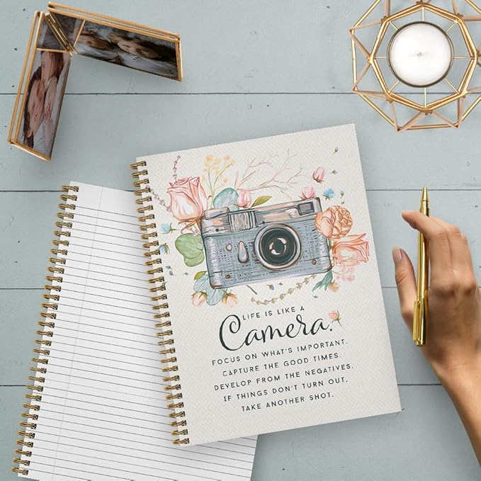 Softcover Camera 8.5" x 11" Motivational Spiral Notebook/Journal, 120 College Ruled Pages, Durable Gloss Laminated Cover, Gold Wire-o Spiral. Made in the USA