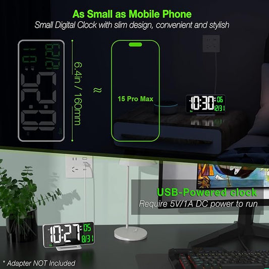 KOSUMOSU Alarm Clock for Bedroom, 6.7" Led Desk Digital Clock,Mirror Clock,Dual Alarm Clock for Living Room with Seconds,Date,Week,12/24h,Dimming,Temp