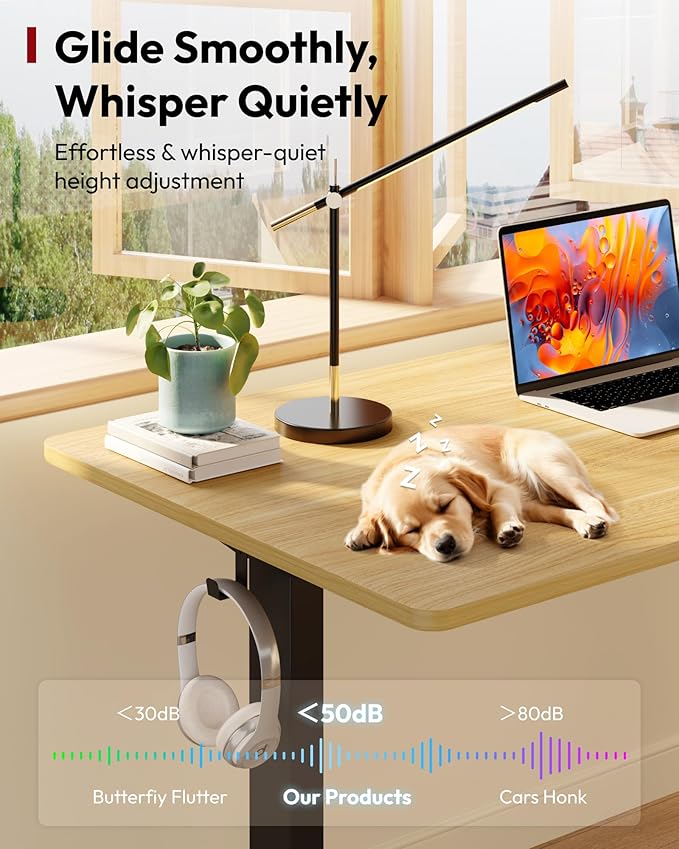 SANODESK Electric Standing Desk 55 x 28 Inches Whole-Piece Desktop Height Adjustable Stand Up Desk w/6-Button Controller Ergonomic Computer Desk for Home Office, Black Frame + Natural Tabletop