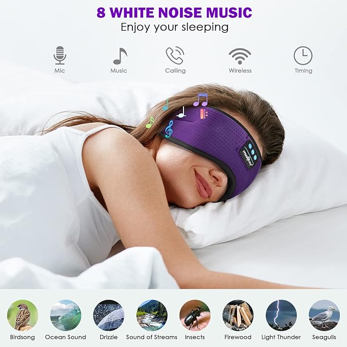 MUSICOZY White Noise Bluetooth Sleep Mask with 8 Soothing Sounds & 3D Wireless Sleep Headphones, Bluetooth Sleeping Headphones for Yoga Travel Office Relaxation, Tech Gadgets Gifts, Lavender Purple