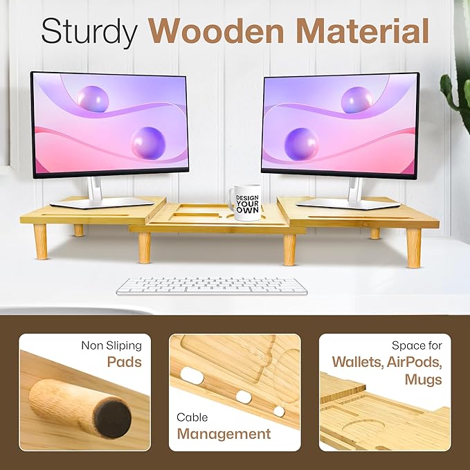 Dual Monitor Stand Riser - Solid Wood 3 Panels Laptop Riser with Storage for Phone/Mug - Home/Office Desk Organizer with Adjustable Length & Angle - Modern Computer Stand for PC, Laptop, & more (Natural)
