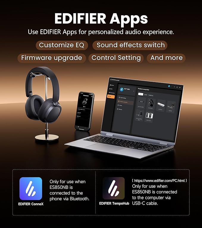 Edifier ES850NB Active Noise Cancelling Headphones, Over Ear Bluetooth Headset, 92H Playtime Wired & Wireless Hi-Res Audio Certified, Fast Charging Clear Calls for Home Office Travel - Brown