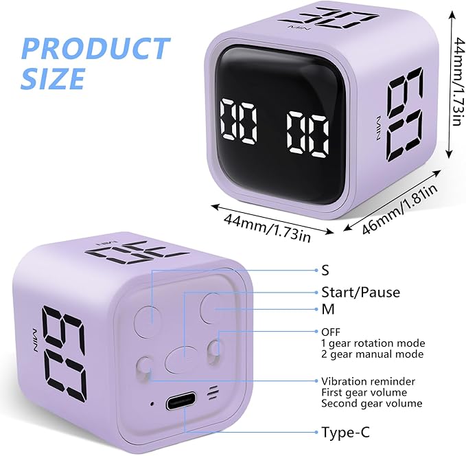 Digital Cube Productivity Timer, Rotating Pomodoro Timer with Gravireceptor 5-10-30-60 Min& Custom Countdown, Vibration & Adjustable Volume Timers for Learning Office Kitchen Desk, Purple