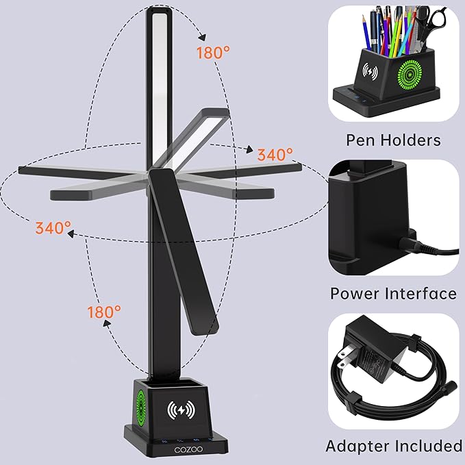 cozoo Desk Lamp,LED Desk Lamps for Home Office,Wireless Charger Small Desk Lamp with Pen Holder,Color Changing Nightlight,12 Lighting Modes,Desk Lamp for College Dorm Room,Desk Light,Nail Desk Lamp