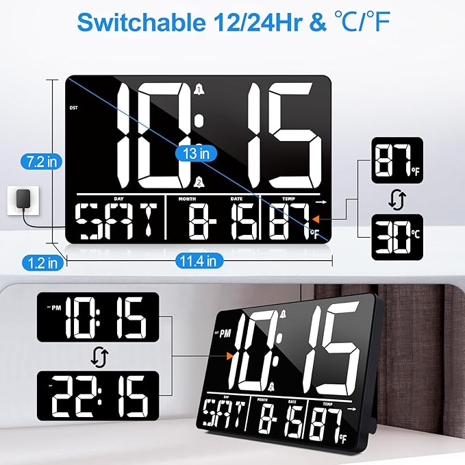 13" Digital Wall Clock Large Display with Remote, 25 Ringtones, Temperature, Calendar, 0-100% Auto or Custom Brightness, 12/24H, DST, Timer, for Living Room, Kitchen, Bedroom, Office, Elderly