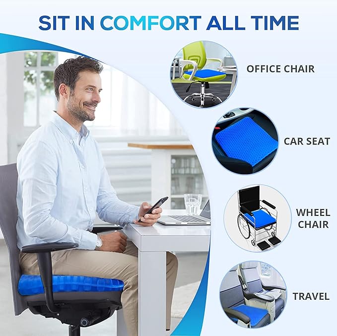 Gel Seat Cushion for Long Sitting Pressure Relief (Super Large & Thick) - Non-Slip Gel Chair Cushions for Back,Sciatica,Tailbone Pain Relief - Seat Cushion for Office Desk Chair,Car Seat,Wheelchair