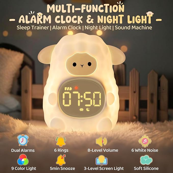 Sheep Alarm Clock with Night Light for Kids with Sleep Training and Sound Machine, Rechargeable Silicone Lamp OK to Wake Clock,Cute Animal Tabletop Lamp, Perfect Sleep Companion for Boys Girls, Khaki