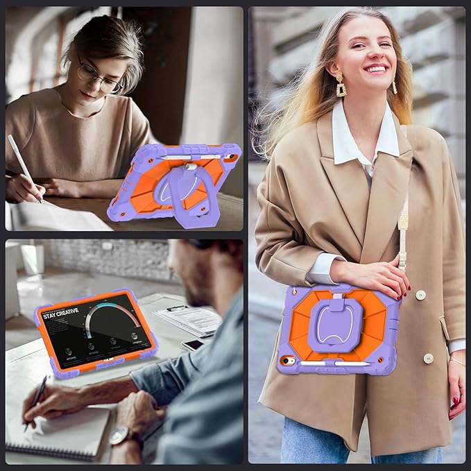 Case for iPad (A16) 11th/10th Generation 2025/2022,Kids Friendly 10th Gen iPad Case with Screen Protector 360° Rotating Stand,Heavy Duty Shockproof Cover for i Pad 11.0/10.9,Purple Orange