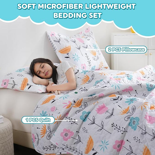 Girls Pink Floral Quilt Set Full Size Kids Bedding Sets Lightweight Summer Bedspread Soft Microfiber Breathable Bed Comforter All-Season