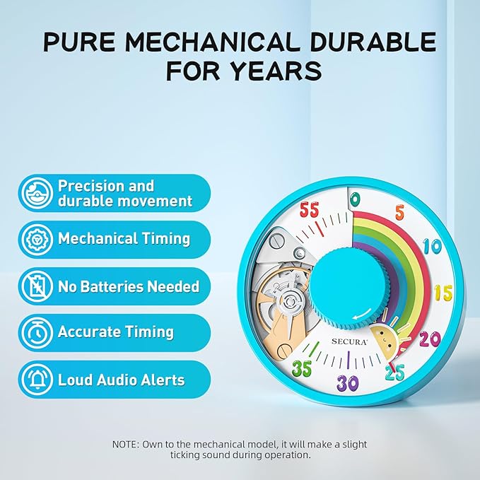 Secura 60-Minute Rainbow Visual Timer 6-Inch Mechanical Countdown Timers for Teaching, Meeting, Cooking, Working - Timer for Kids with Magnetic Backing (Blue)