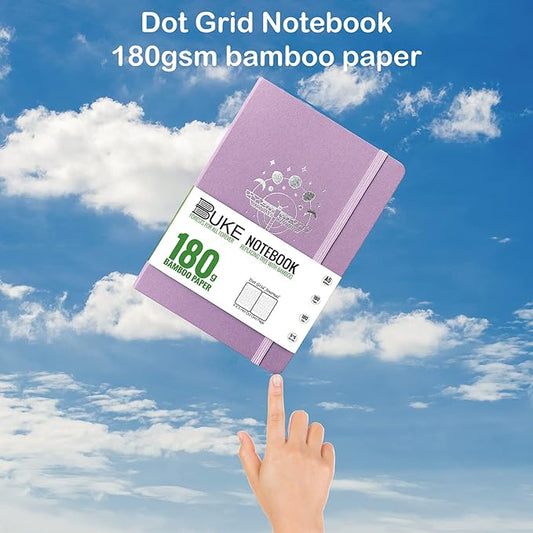 Dot Grid Notebook Dotted Journal,180Gsm Bamboo White Paper, 5 * 5MM Dots 160 Pages, Lay Flat Binding,Colored Silver Edges, Bookmarks and Expandable Back Pocket
