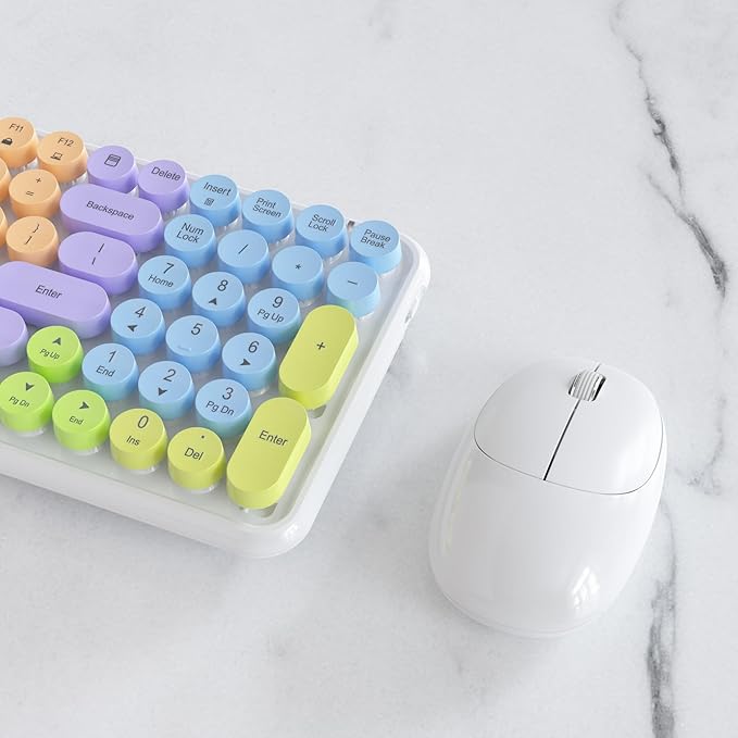Wireless Keyboards and Mouse Combos, UBOTIE Colorful Gradient Rainbow Colored Retro Typewriter Flexible Keyboard, 2.4GHz Connection and Optical Mouse(White Colorful)