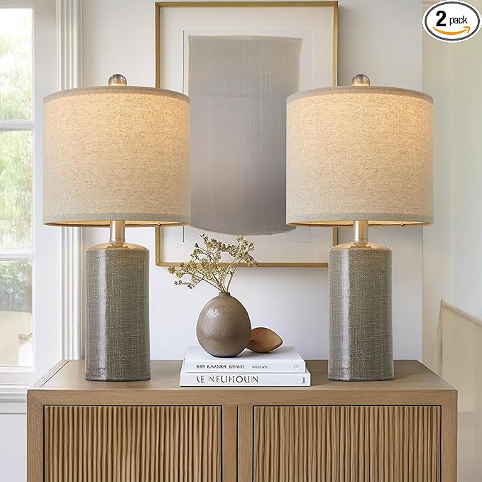 20.25/inch Modern Ceramic Table lamp Set of 2 Small Farmhouse Bedside lamp Dark Grey Nightstand Lamp End Table Lamps for Living Room Bedroom Study Office AMZ-T1109DG0