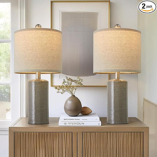 20.25/inch Modern Ceramic Table lamp Set of 2 Small Farmhouse Bedside lamp Dark Grey Nightstand Lamp End Table Lamps for Living Room Bedroom Study Office AMZ-T1109DG0