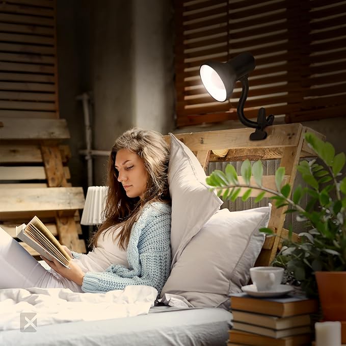 Xtricity LED Clip on Desk Lamp with 360° Flexible Gooseneck, Reading Light for Bed Headboard– 6W A19 Bulb Included, 120V, On/Off Switch, 10.25” Height Table Lamp with Black Finish (2 Pack)