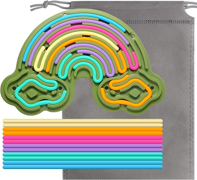 Sensory Activity Board Silicone Fidget Toy, Double-Sided Rainbow Sensory Toys for Autism, Stress, Anxiety, ADHD, Kids 3+& Adults, Includes Travel Bag & 12 Strings, Green