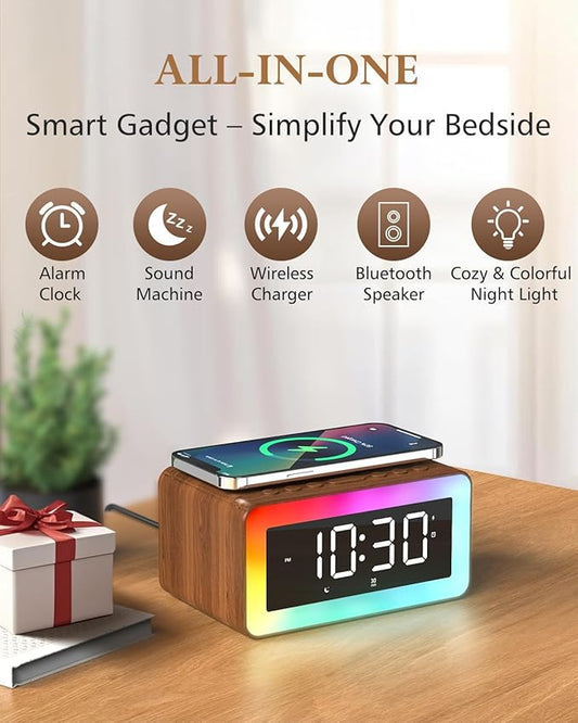 Digital Alarm Clocks for Bedrooms, Bluetooth Speaker, Alarm Clock with Wireless Charging, White/Brown Noise Sound Machine for Sleep with Night Light Wooden Vintage Decor Birthday Gifts for Men, Women