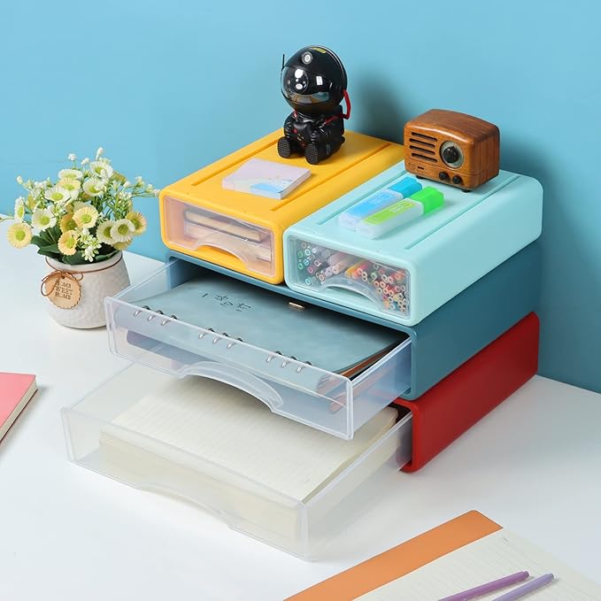 Desktop Drawers for Paper, Stackable Office Storage Drawers for Desk, Craft Organizer and Storage Bins, 4 Mixed Storage Container with Plastic Drawers for Office Supplies Desk accessories
