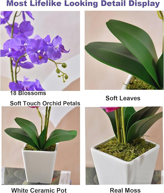 Faux Orchid in Vase Large Artificial Orchid in Ceramic Vase Silk Orchids with Stems Real Look Potted Phalaenopsis Flowers Arrangement Centerpiece Table Decorations for Home Decor Indoor, Purple