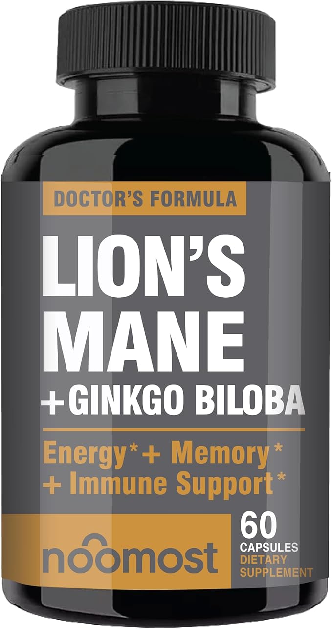 Lions Mane Supplement Organic Capsules - With Ginkgo Biloba - Cognitive Health, Focus & Memory Support - Natural Superfood for Brain, Energy & Immune Health - Non GMO- 60 Caps - 2 Month Supply