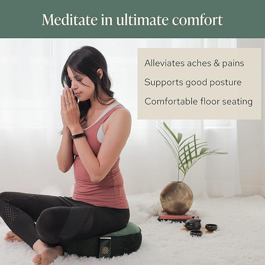 Mindful Modern Velvet Meditation Cushion | Luxe Zafu Yoga Floor Pillow Seat | Posture Support | Buckwheat Hull Filled | Large Round Cushion with Removable Washable Cover + Carry Handle