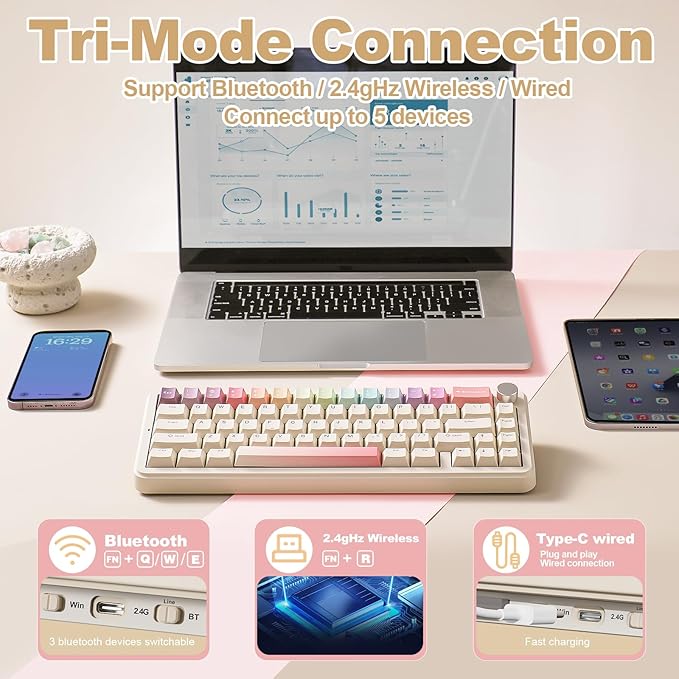 YUNZII B68 Wireless Mechanical Keyboard,Tri-Mode BT5.0/2.4GHz/USB-C,Cute PBT Keycaps,Hot Swappable Creamy Typing Gasket Mounted,RGB Backlit NKRO for Win/Mac (Beige, Cocoa Cream V2 Switch)