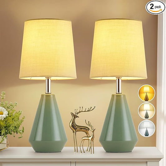 Small Bedside Table Lamp for Bedroom-Reading Desk Lamp Set of 2,with 3 Color Temperatures,15.5" Nightstand Ceramic Lamp with Fabric Shade for Kids Room,Living Room,Dorm,Home Office (Green)