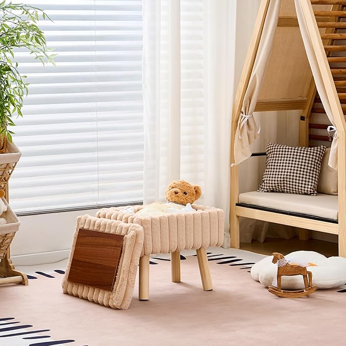 Wimarsbon Storage Ottoman,Soft Faux Fur Footstool with Padded Seat, Small Reading Vanity Chair, Footrest with Wood Tray for Couch, Mini Coffee Table or Display Stand (Beige, Rectangular Storage)