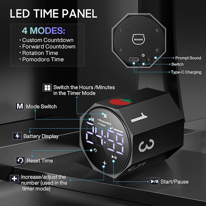 MIAOKE Pomodoro Timer-Aluminum Alloy Frosted Metal LED Large Screen Digital Automatically Rotated Display, Focus Efficient Management on Work and Study, Office, Living Room-Black