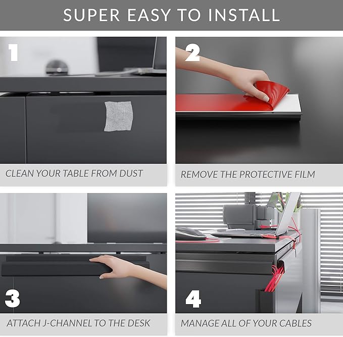 J Channel Cable Raceway Kit - Computer Desk Cable Management System - 4x16'' Black Under Table Cable Management Trays for Office and Home
