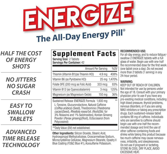 iSatori Energize Caffeine Pills - Fast Acting All-Day Energy Supplement with Time Release Caffeine & Natural Nootropic Support - No Jitters or Crash - Energy Vitamins for Men and Women - (84 Tablets)