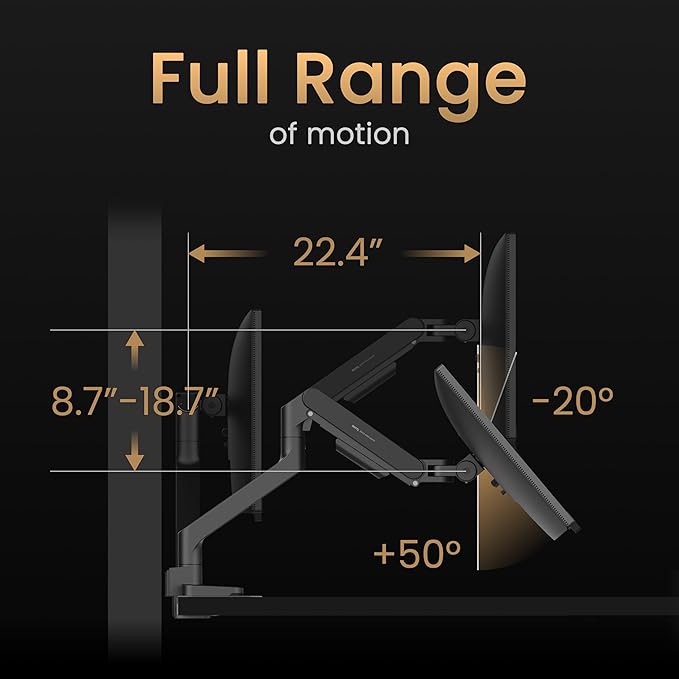 BenQ BSH01 Ergo Monitor Arm -Gas Spring Monitor Stand for Up to 45'' & 44lbs Screens, Heavy Duty, Quick Installation, No Sagging, Top Clamp and Grommet Base, Reinforcement Plate, VESA 75x75 &100x100mm