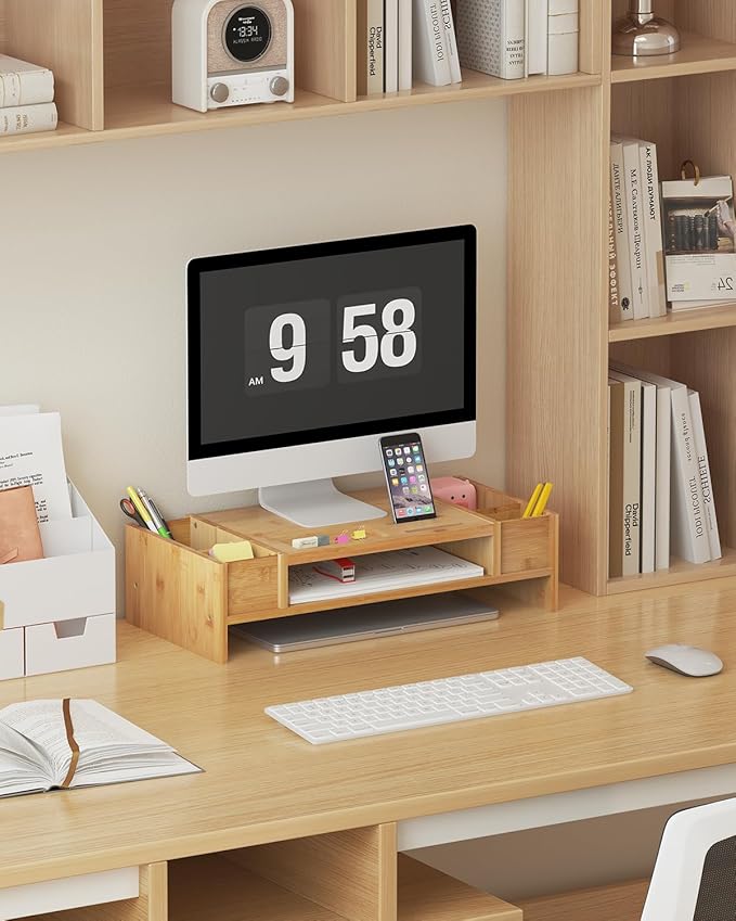 Ufine Bamboo Monitor Stand with Storage Compartments Ergonomic Computer Laptop Riser Small Space Organizer for Home Office