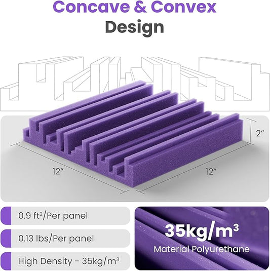 12 Pack Acoustic Foam Panels for Walls, 12" x 12" x 2" Soundproof Wall Panels, Self-Adhesive Soundproofing Padding, High Resilience Sound Absorbing Panels for Home Studios, Offices - Purple