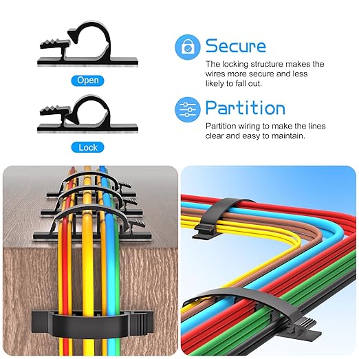 XHF 30pcs Adhesive Cable Wire Clips Kit Black, Outdoor Cable Management Wire Organizer Cord Holder for Under Desk, Car, Wall, TV PC Ethernet Cable