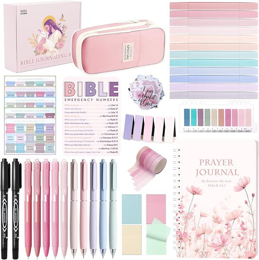 XKDOUS Bible Study Supplies Journaling Kit for Women, Bible Study Kit Includes Prayer Journal, Emergency Card, Highlighters, Tabs & More for Journaling. Great for Christian Gifts Scripture Study, Pink