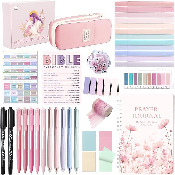 XKDOUS Bible Study Supplies Journaling Kit for Women, Bible Study Kit Includes Prayer Journal, Emergency Card, Highlighters, Tabs & More for Journaling. Great for Christian Gifts Scripture Study, Pink