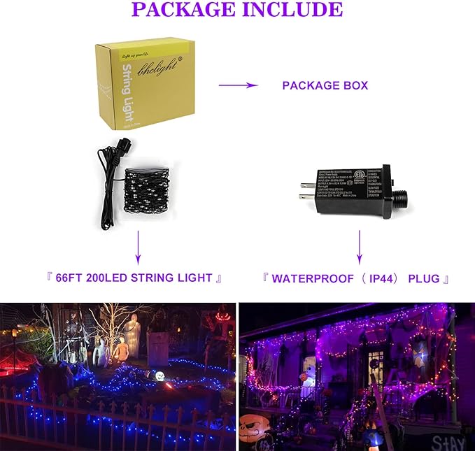 66Ft 200 LED Halloween Fairy Lights Plug in, 8 Modes String Lights with Timer for Outdoor & Indoor, Waterproof Twinkle Lights for Bedroom Garden Party Carnival Supplies Halloween Decorations (Purple)