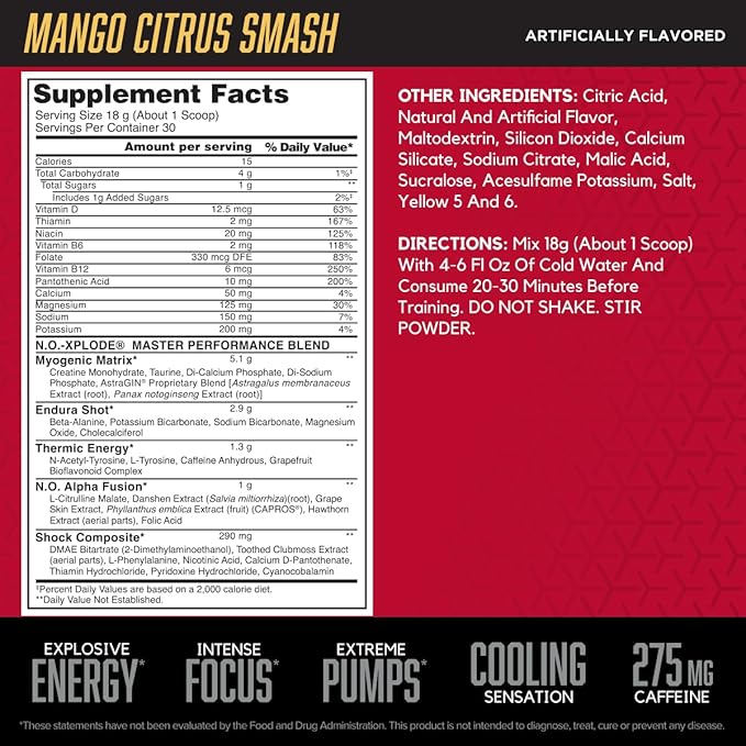 BSN N.O.-XPLODE Cool Rush Pre Workout Powder, Preworkout Energy Supplement for Men and Women with Creatine and Beta-Alanine, New Flavor: Mango Citrus Smash, 30 Servings