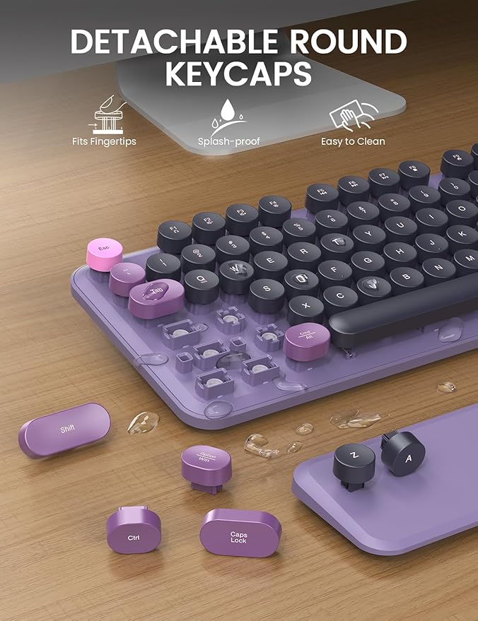 Wireless Keyboard and Mouse - Cute Typewriter Keyboard with Detachable Wrist Rest, Retro Round Keycaps, Foldable Legs, 2.4GHz Full-Size Keyboard Combo for PC, Laptop, Windows - Trueque (Grape Purple)