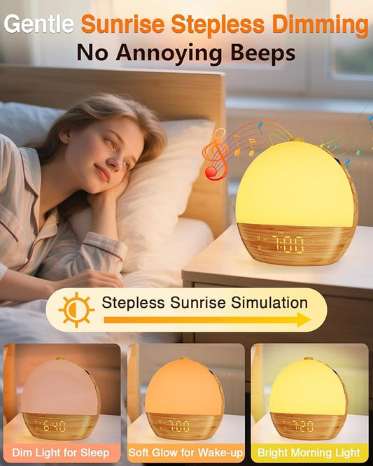 Sunrise Alarm Clock with Sound Machine - Wake Up Light, Wood Grain, Bluetooth, Dual Digital Alarm Clocks for Bedrooms, Adjustable Brightness, 30 Sleep Sounds, White Noise Machine for Baby & Adults