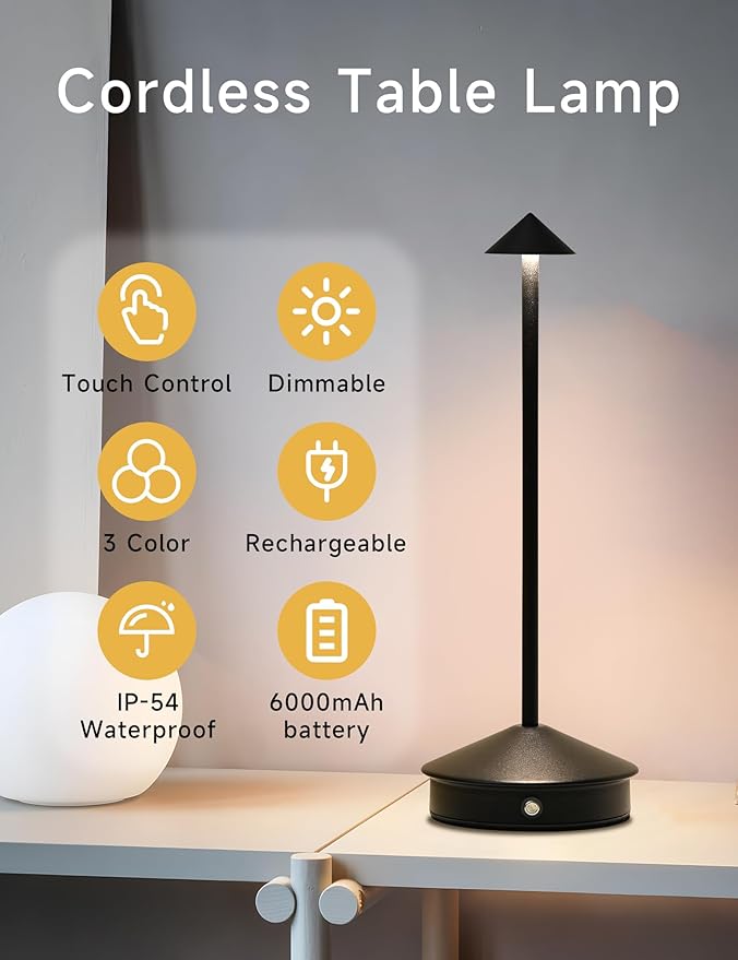 Cordless Table Lamps,LED Rechargeable Desk Lamp,Portable Modern USB Battery Operated Lights,Outdoor Waterproof Touch Dimmable,for Patio,Restaurant,Bar,Camping,Dining Home Set of 2 Black